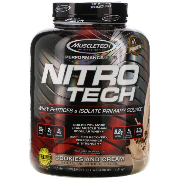 Muscletech, Nitro Tech, Suero de Leche Aislado+Constructor de Musculo Magro, Galletas y Crema, 3.97 lbs (1.8 kg)