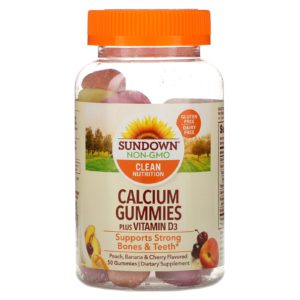Sundown Naturals, Gomitas de calcio, más vitamina D3, con sabor a melocotón, plátano y cereza, 50 gomitas