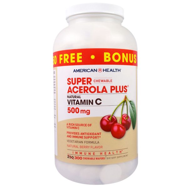 American Health, Super Acerola Plus masticable, sabor natural a bayas, 500 mg, 300 pastillas masticables