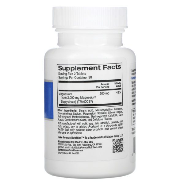 Lake Avenue Nutrition, Quelato de bisglicinato de magnesio, 200 mg, 60 comprimidos - Imagen 2