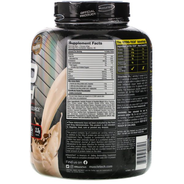Muscletech, Nitro Tech, Suero de Leche Aislado+Constructor de Musculo Magro, Galletas y Crema, 3.97 lbs (1.8 kg) - Imagen 2