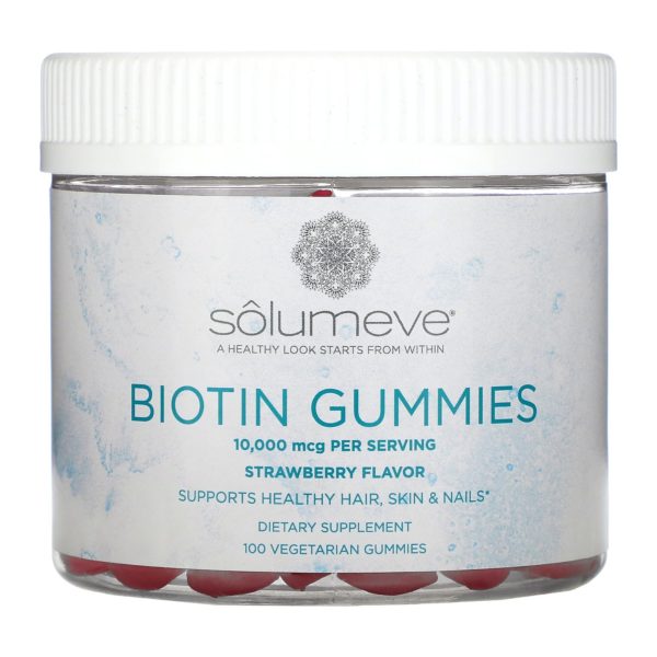 Solumeve, Gomitas de biotina, Sin gelatina, Sabor a fresa, 10.000 mcg, 100 gomitas vegetales
