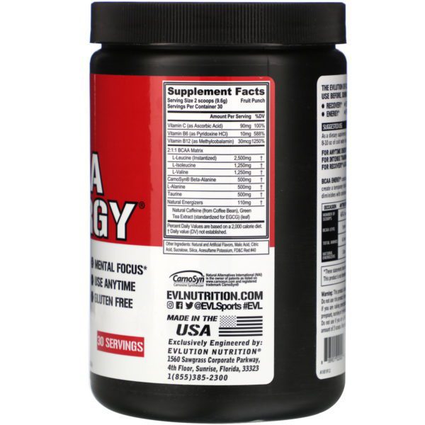EVLution Nutrition, BCAA Energy, Fruit Punch, 10.16 oz (288 g) - Imagen 2