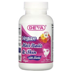 Deva, Suplemento con biotina apto para veganos para el cabello, las uñas y la piel, 90 comprimidos