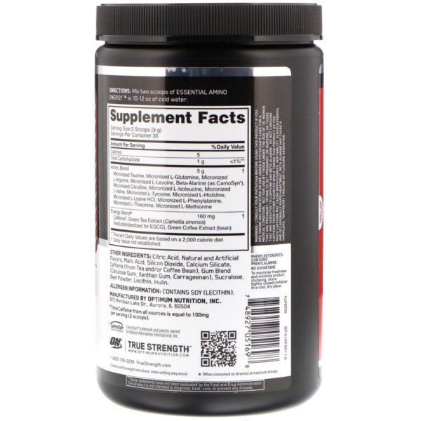 Optimum Nutrition, Energía de Aminoácidos Esenciales, Lima y Fresa, 9,5 oz (270 g) - Imagen 2