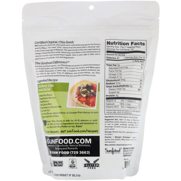 Sunfood, Raw Organic Chia Seeds, 1 lb (454 g) - Imagen 2