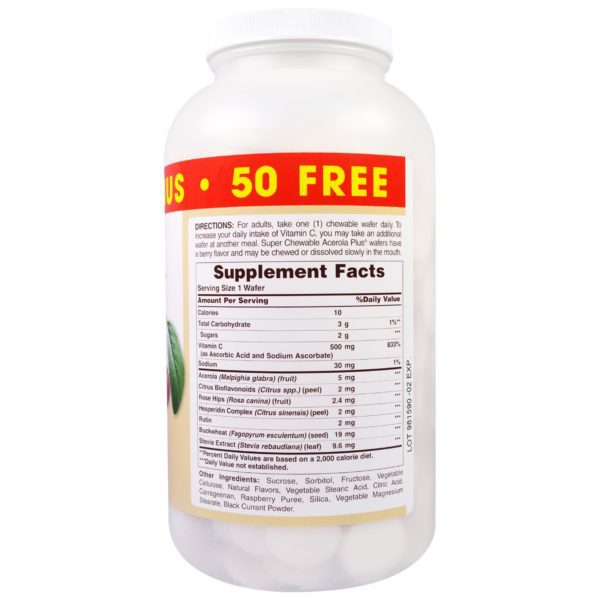 American Health, Super Acerola Plus masticable, sabor natural a bayas, 500 mg, 300 pastillas masticables - Imagen 2