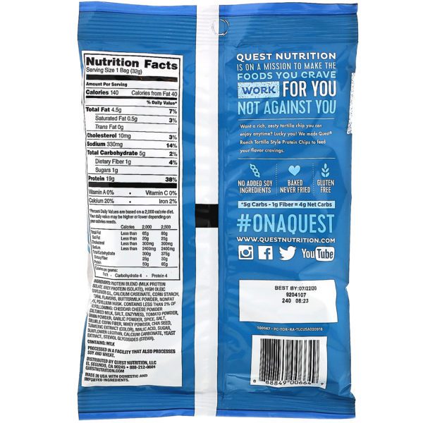 Quest Nutrition, Tortilla Style Protein Chips, Ranch, 1.1 oz (32 g ) - Imagen 2