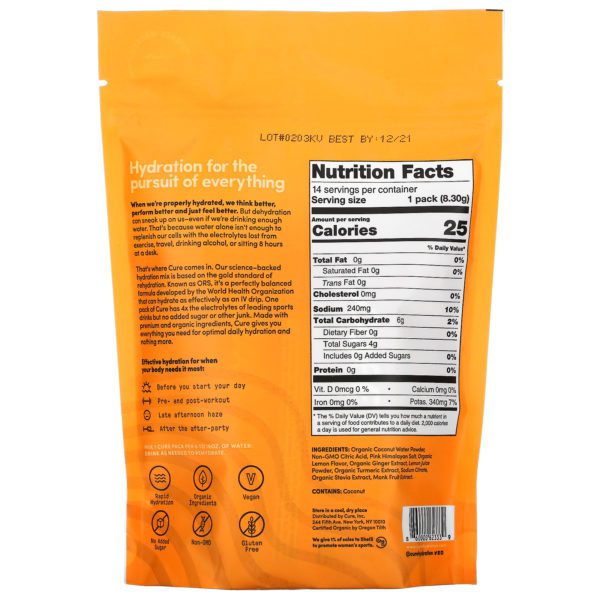 Cure Hydration, Hydration Mix, Golden Hour Ginger Turmeric, 14 Packs, 0.29 oz (8.3 g) Each - Imagen 2