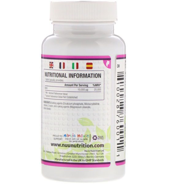 Nu U Nutrition, Biotina, 10.000 µp, 365 comprimidos veganos - Imagen 2