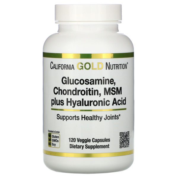 California Gold Nutrition, Glucosamina, condroitina y MSM más ácido hialurónico, 120 cápsulas vegetales