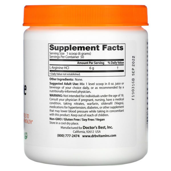 Doctor's Best, Polvo de L-Arginina pura, 10.6 oz (300 g) - Imagen 2