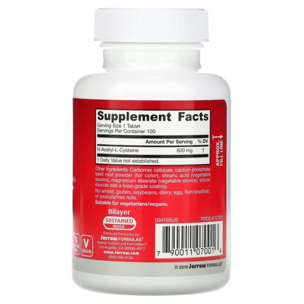 Jarrow Formulas, N-A-C Sustain, N-acetil-L-cisteína, 600 mg, 100 comprimidos - Imagen 2