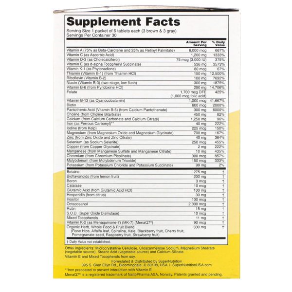 Super Nutrition, Opti-Energy Pack, Suplemento de Vitaminas y Minerales, 30 Paquetes, 6 Tabletas c/u - Imagen 2