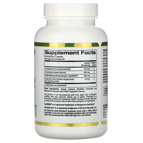 California Gold Nutrition, Glucosamina, condroitina y MSM más ácido hialurónico, 120 cápsulas vegetales - Imagen 2