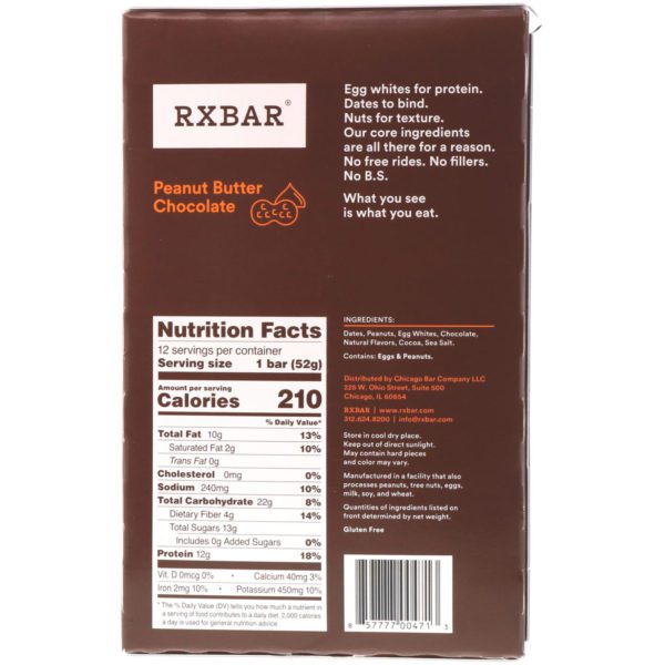 RXBAR, Protein Bar, Peanut Butter Chocolate, 12 Bars, 1.83 oz (52 g) Each - Imagen 3