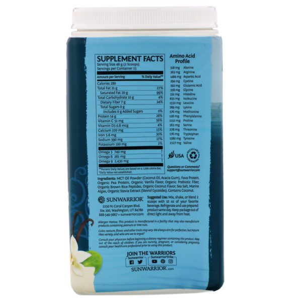 Sunwarrior, Plant-Based Clean Keto, Tropical Vanilla, 1.59 lb (720 g) - Imagen 2