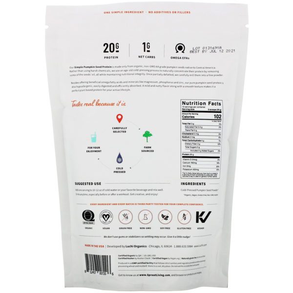 Sprout Living, Simple Protein, Organic Plant Protein, Pumpkin Seed (Unflavored), 1 lb (454 g) - Imagen 2