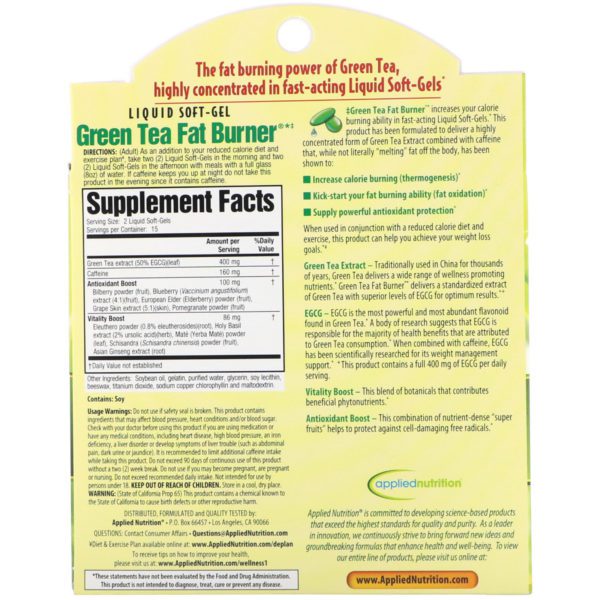 appliednutrition, QuemaGrasa de Té Verde, 30 Cápsulas suaves con Líquido de Rápida Acción - Imagen 2