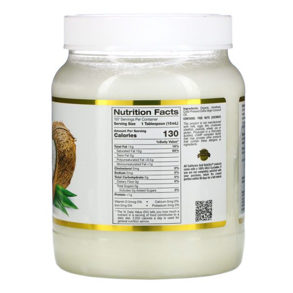 California Gold Nutrition, Aceite de coco extra virgen orgánico y prensado en frío, 1,6 l (54 oz. líq.) - Imagen 2