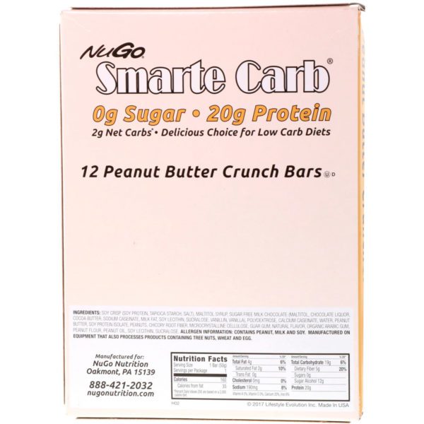 NuGo Nutrition, Smarte Carb Bar, Peanut Butter Crunch, 12 Bars, 1.76 oz (50 g) Each - Imagen 3