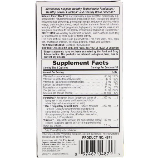 Nature's Plus, T Male, Potenciador de testosterona para hombres, 60 cápsulas vegetarianas - Imagen 2