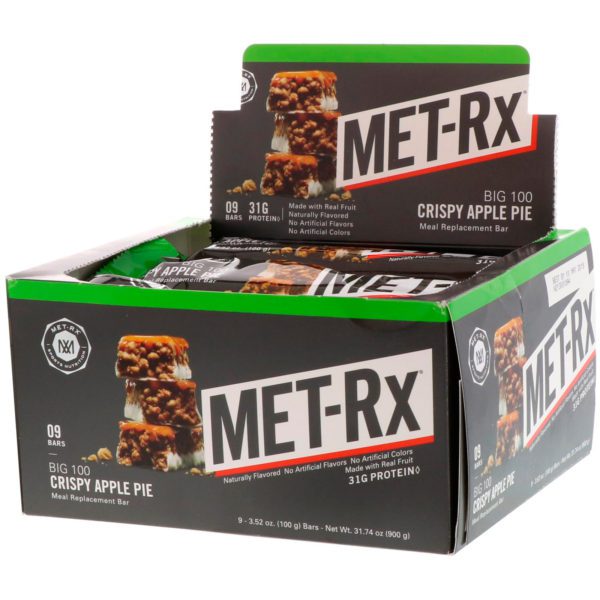 MET-Rx, Gran 100 Colosal, barra de reemplazo de la carne, pastel de manzana crocante, 9 barras, 3,52 onzas (100 g) c/u