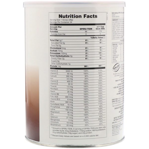 Nature's Plus, Spiru-Tein, Alimento Energético Alto en Proteína, Chocolate, 2.1 lbs. (952 g) - Imagen 2