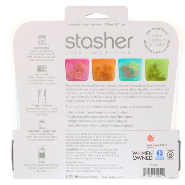 Stasher, Bolsa de silicona para alimentos, reutilizable, tamaño sándwich mediano, transparente, 15 oz líq. (450 ml) - Imagen 2