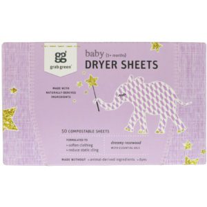 Grab Green, Hojas para secadora, bebé, palo de rosa de ensueño con aceites esenciales, +5 meses, 50 hojas compostables