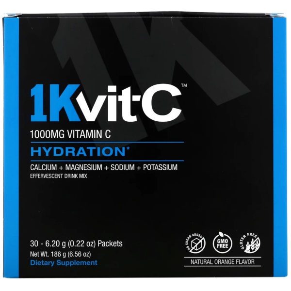 1Kvit-C, Vitamina C, Hidratación, Mezcla para bebida efervescente, Sabor natural a naranja, 1000 mg, 30 sobres, 6,20 g (0,22 oz) cada uno