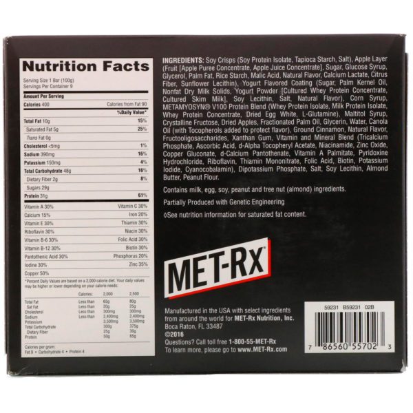 MET-Rx, Gran 100 Colosal, barra de reemplazo de la carne, pastel de manzana crocante, 9 barras, 3,52 onzas (100 g) c/u - Imagen 3