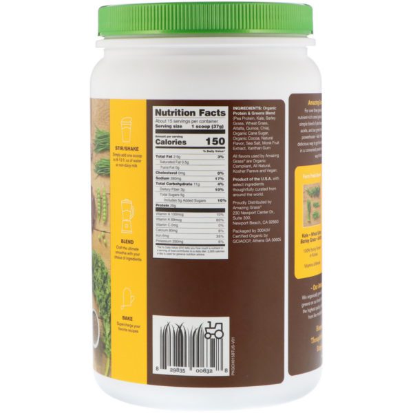 Amazing Grass, Organic Protein & Kale Powder, Plant Based, Smooth Chocolate, 19.6 oz (555 g) - Imagen 2
