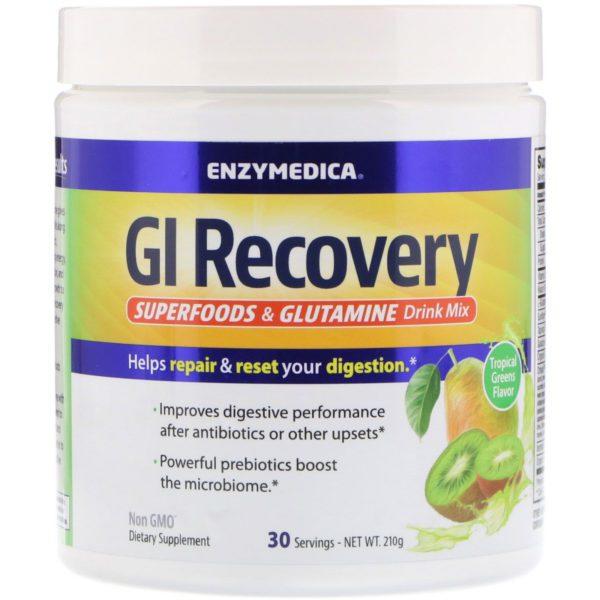 Enzymedica, Mezcla para bebida de glutamina y superalimentos para la recuperación gastrointestinal, sabor a verduras verdes tropicales, 210 g
