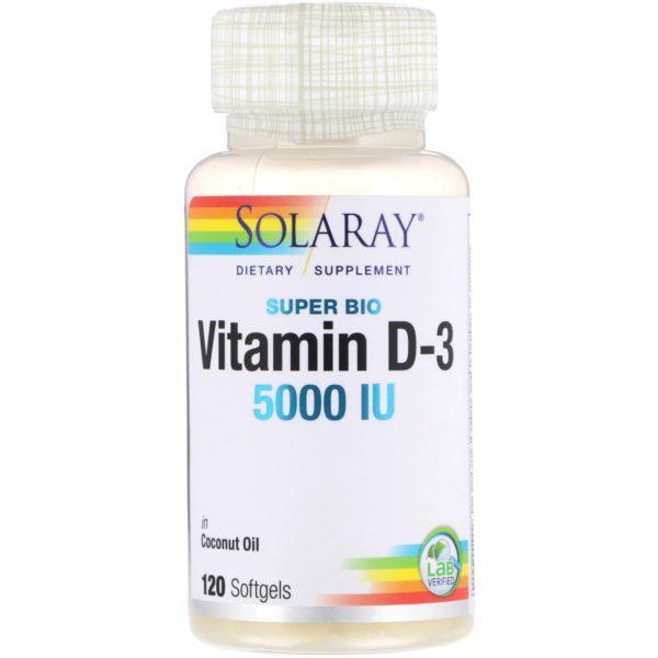 Solaray, Super Bio Vitamina D-3, 5000 UI, 120 cápsulas blandas