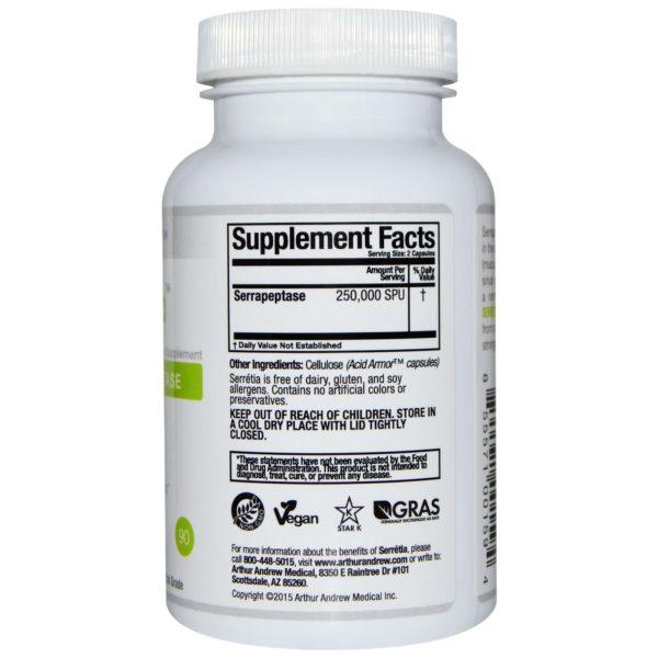 Arthur Andrew Medical, Serretia, Pure Serrapeptase, 500 mg, 90 Capsules - Imagen 2