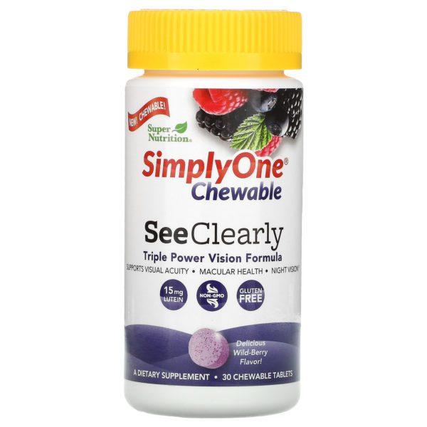 Super Nutrition, SimplyOne, See Clearly, Fórmula de triple acción para la vista, Sabor a bayas silvestres, 30 comprimidos masticables