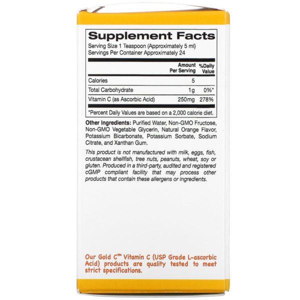 California Gold Nutrition, Gold C, Vitamina C líquida para niños, Verificada por la farmacopea de EE. UU. (USP), Sabor a naranja ácida, 118 ml (4 oz. líq.) - Imagen 2