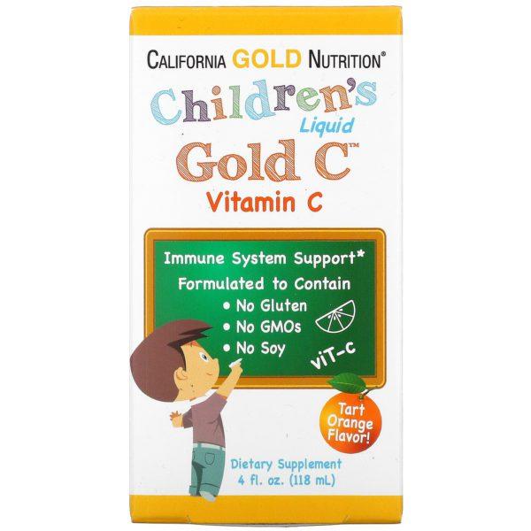 California Gold Nutrition, Gold C, Vitamina C líquida para niños, Verificada por la farmacopea de EE. UU. (USP), Sabor a naranja ácida, 118 ml (4 oz. líq.)