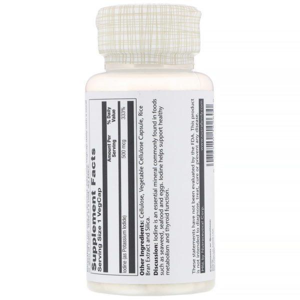 Solaray, Yodo proveniente del yoduro de potasio, 500 mcg, 30 cápsulas vegetales - Imagen 2
