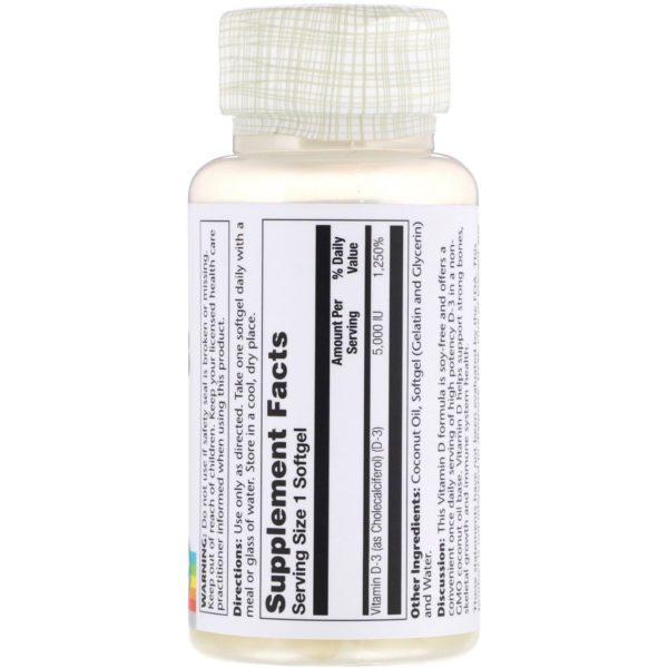Solaray, Super Bio Vitamina D-3, 5000 UI, 120 cápsulas blandas - Imagen 2