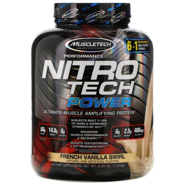 Muscletech, Nitro Tech Power, proteína superior para aumentar músculos, helado de vainilla francesa, 4.00 lbs (1.81 kg)