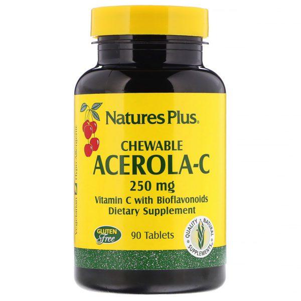 Nature's Plus, Acerola-C, Masticable, 250 mg, 90 comprimidos
