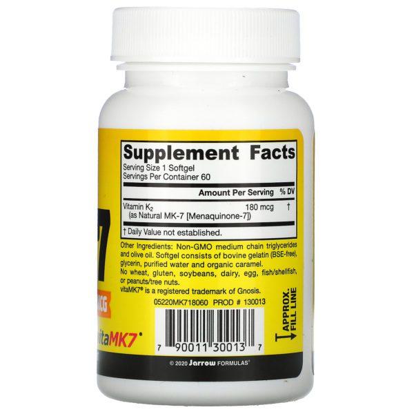 Jarrow Formulas, MK-7, La forma más activa de la vitamina K2, 180 mcg, 60 cápsulas blandas - Imagen 2