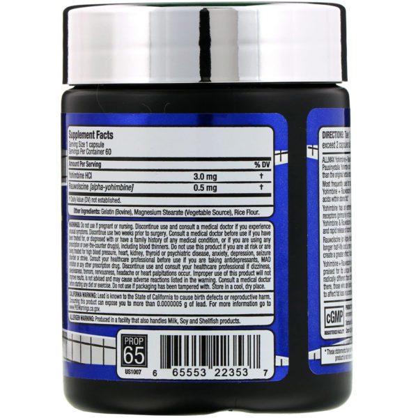 ALLMAX Nutrition, Clorhidrato de yohimbina y rauwolscina, 3,0 mg, 60 cápsulas - Imagen 2