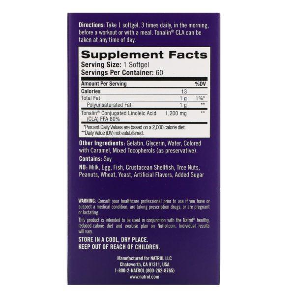 Natrol, Tonalin, Ácido linoleico conjugado (CLA), 1200 mg, 60 cápsulas blandas - Imagen 2