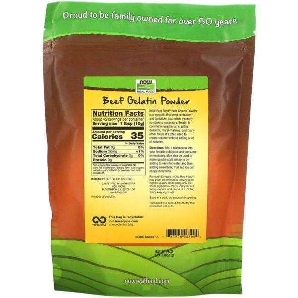 Now Foods, Polvo de gelatina de carne vacuna Real Food, 1 lb (454 g) - Imagen 2