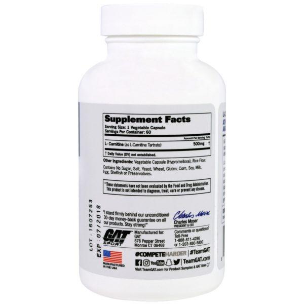 GAT, L-Carnitine, Amino Acid, Free Form, 60 Vegetable Capsules - Imagen 2