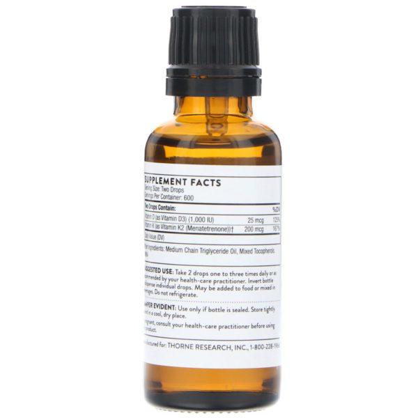 Thorne Research, Vitaminas D y K2, 25 mcg (1000 UI), 30 ml (1 oz. líq.) - Imagen 2