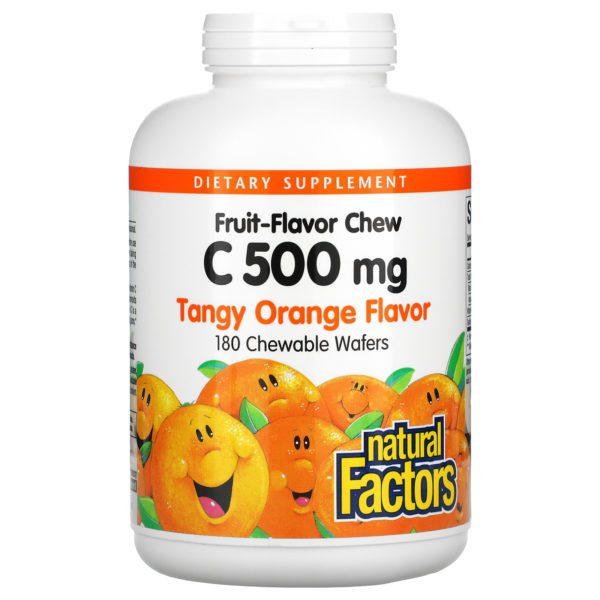 Natural Factors, Vitamina C masticable con sabor a fruta, Naranja ácida, 500 mg, 180 obleas masticables